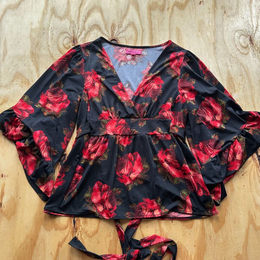 Betsey Johnson Floral Smocked V-Neck Blouse - Large